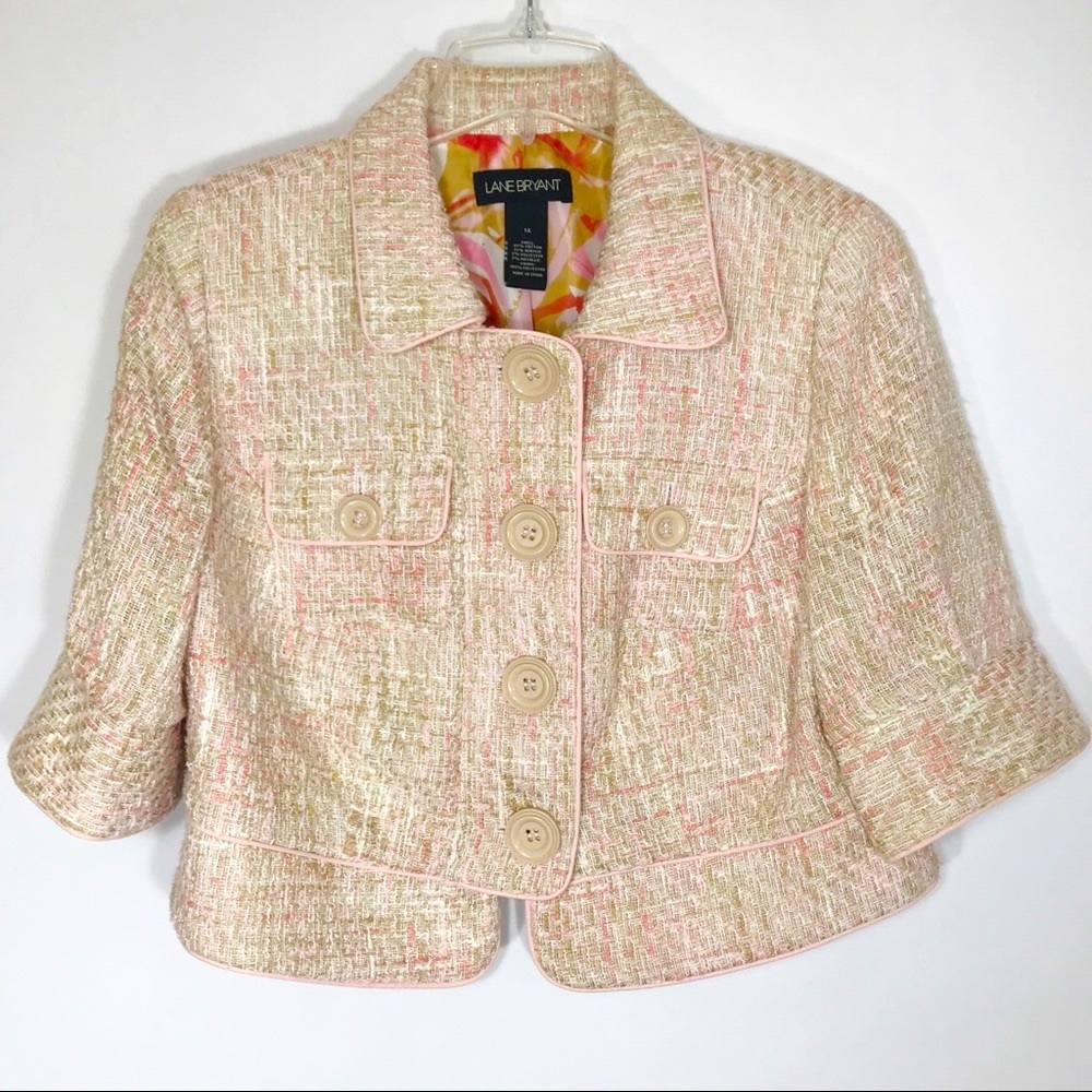 Lane Bryant Cream Metallic Tweed Floral Lined Short Waisted Career Blazer 14